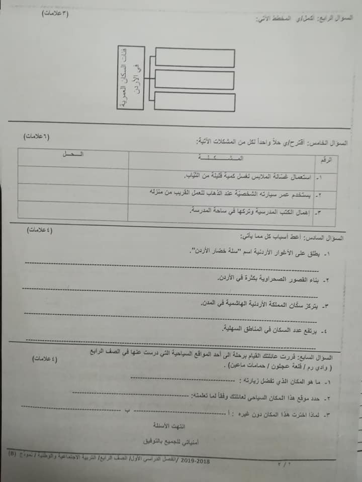 نموذج B وكالة امتحان الاجتماعيات النهائي للصف الرابع الفصل الاول 2018